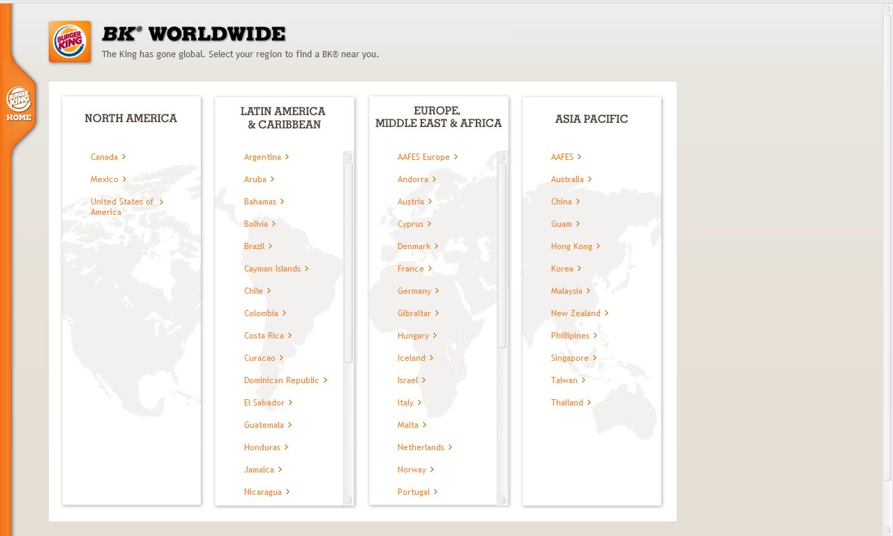 Screenshot of BK website list of international sites